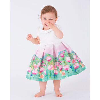 Younger Girls White, Pink & Green Floral Satin Dress
