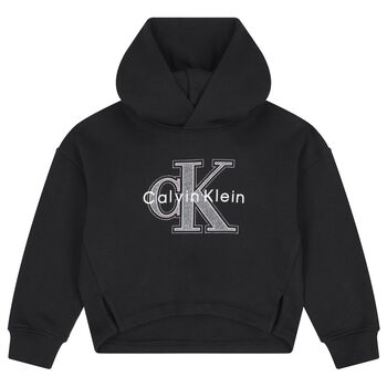 Girls Black Logo Hooded Top