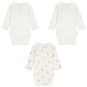 Ivory & Beige Teddy Bear Logo Baby Bodysuit ( 3-Pack )