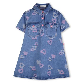 Girls Blue Denim Jacquard Heart Dress