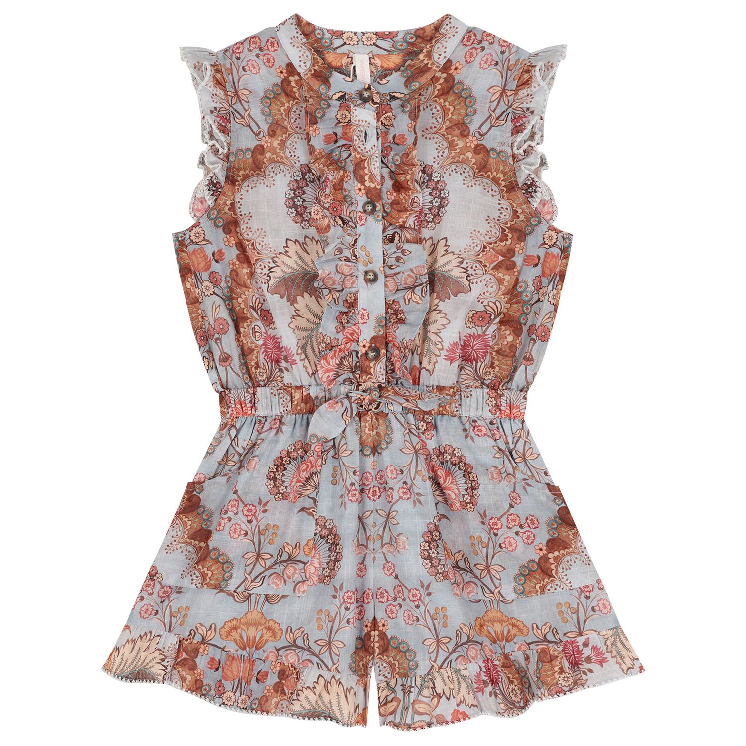 Girls Blue Floral Ruffled Playsuit, 1, hi-res