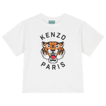 KENZO KIDS Boys White Logo Tiger T-Shirt, 2 Boys White Logo Tiger T-Shirt