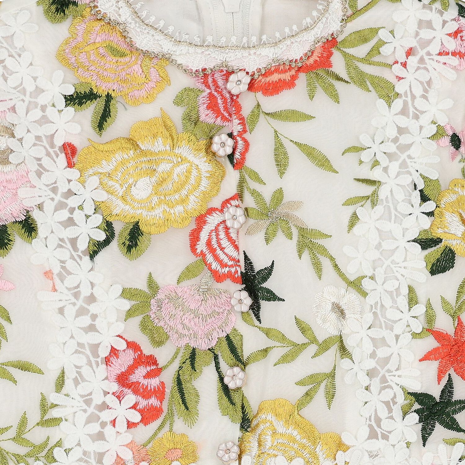 Girls White & Green Embroidered Floral Dress, 1, hi-res