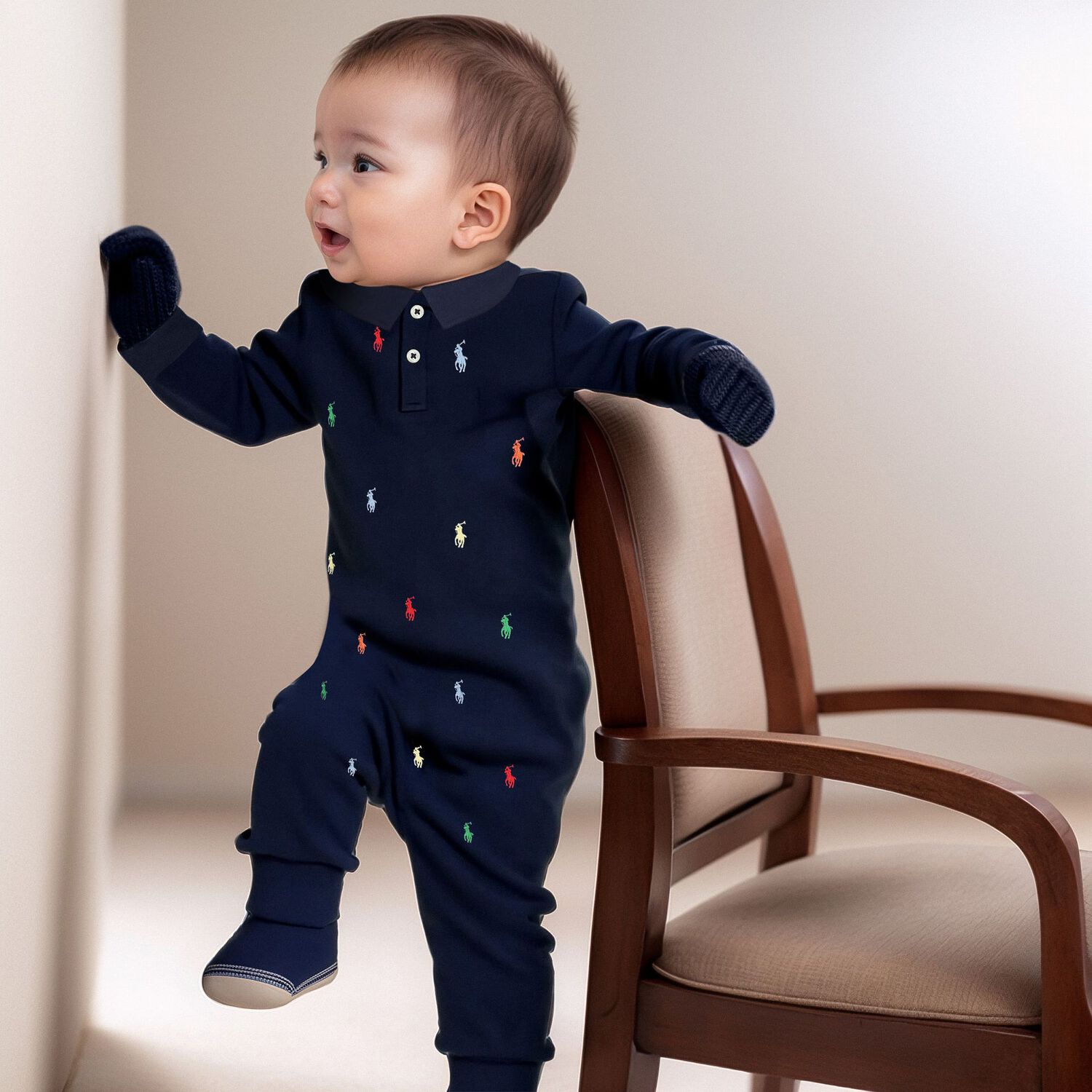 Baby Boys Navy Logo Romper, 1, hi-res