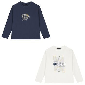Boys White & Navy Blue Long Sleeve Top