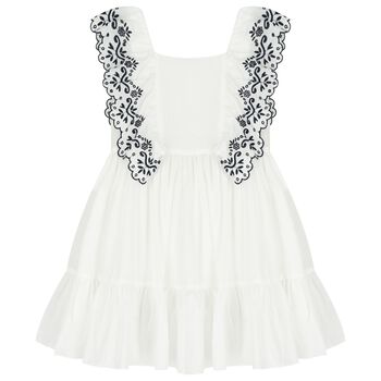 Girls White & Navy Blue Embroidered Ruffles Dress