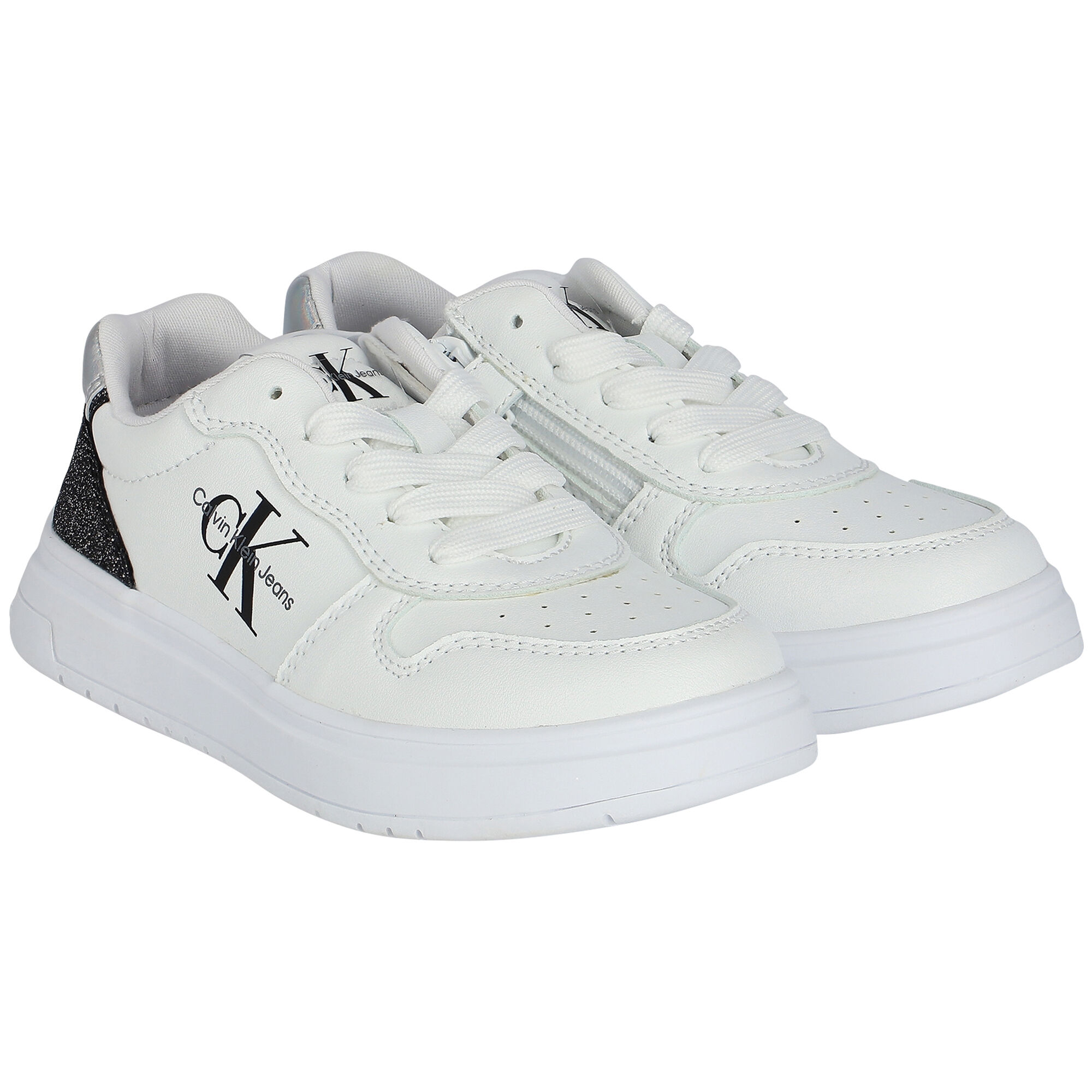 Calvin Klein Girls White Glitter Logo Trainers Junior Couture USA