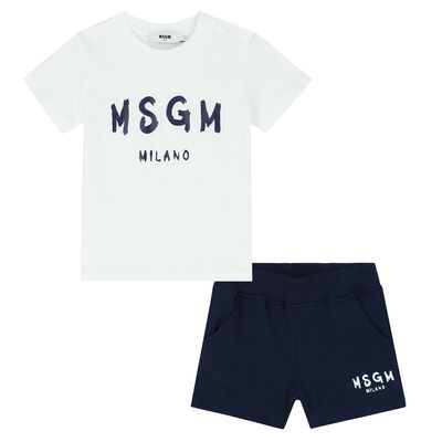 White & Navy Logo Baby Shorts Set