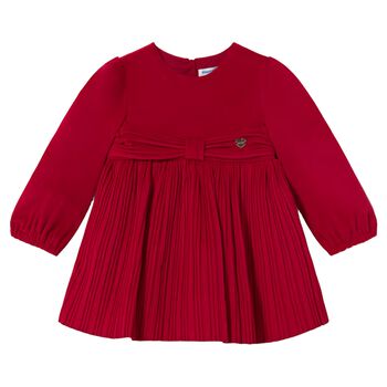Younger Girls Red Velvet Pleated Dress