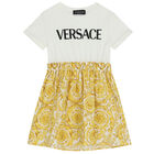 Girls Ivory & Gold Barocco Logo Dress, 1, hi-res