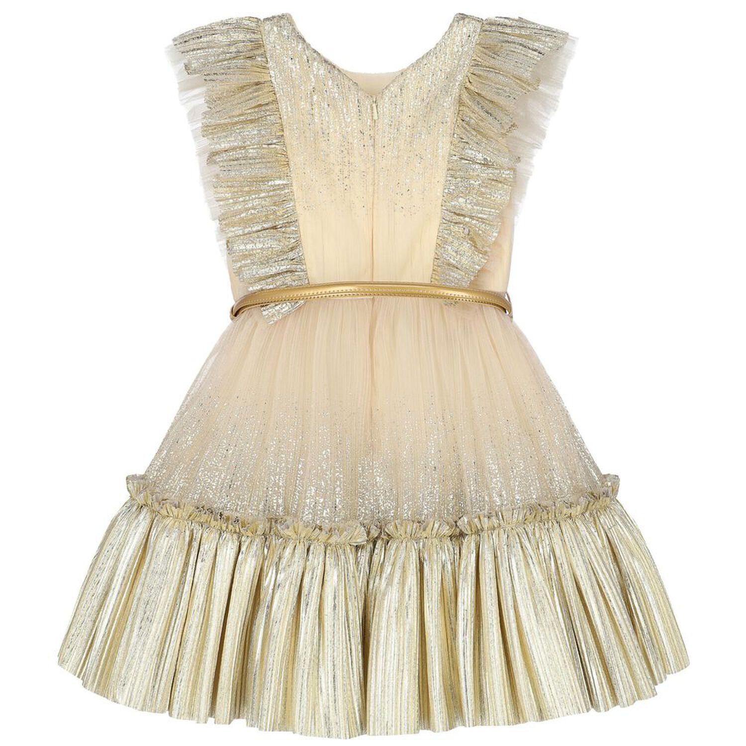 Girls Gold Tulle Ruffled Dress, 2, hi-res image number null