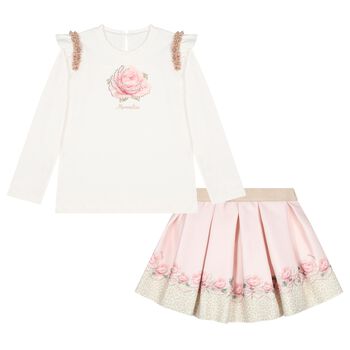 Girls Ivory & Pink Rose Skirt Set