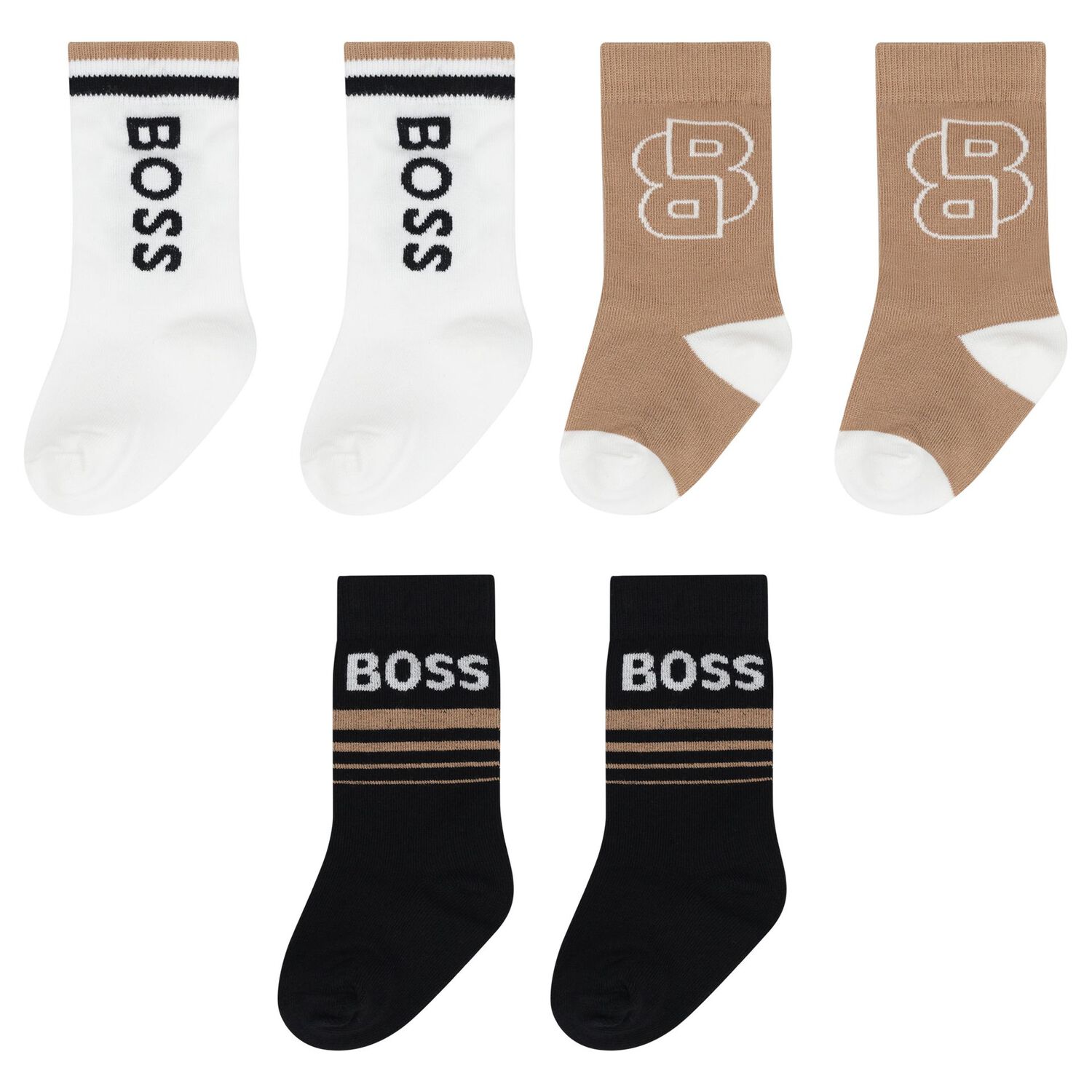 Younger Boys White, Beige & Black Socks ( 3-Pack ), 1, hi-res