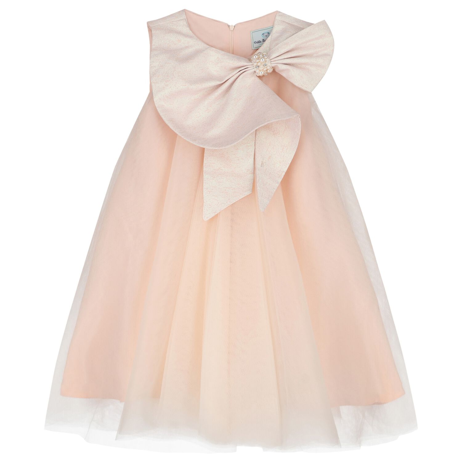 Girls Pink Glittery Bow Tulle Dress, 1, hi-res