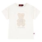 Younger Girls Ivory Faux Fur Teddy Bear Logo T-Shirt, 1, hi-res