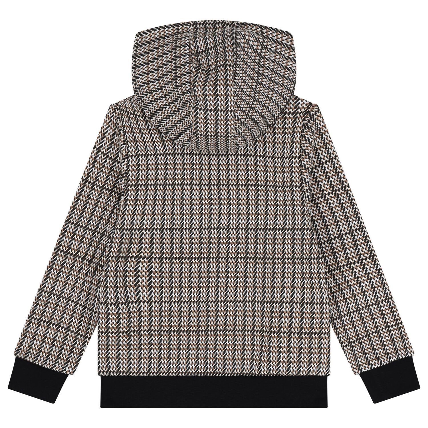 Boys Black, Beige & White Checked Logo Hooded Top, 1, hi-res