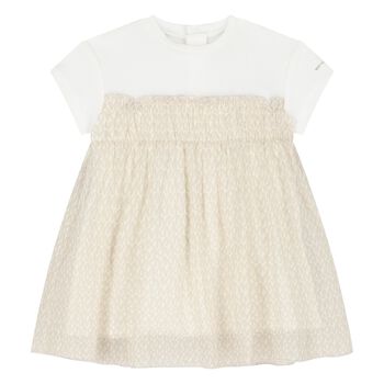 Younger Girls White & Beige Logo Dress