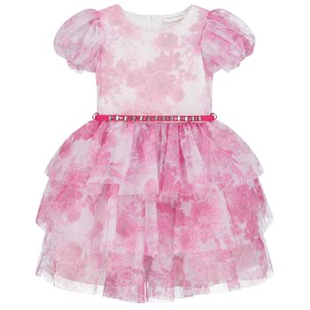 Girls White & Pink Tulle Floral Dress