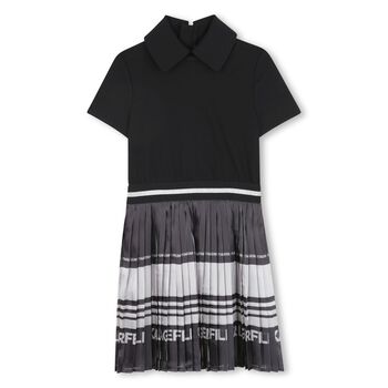 Girls Black & Silver Logo Pleated Dress