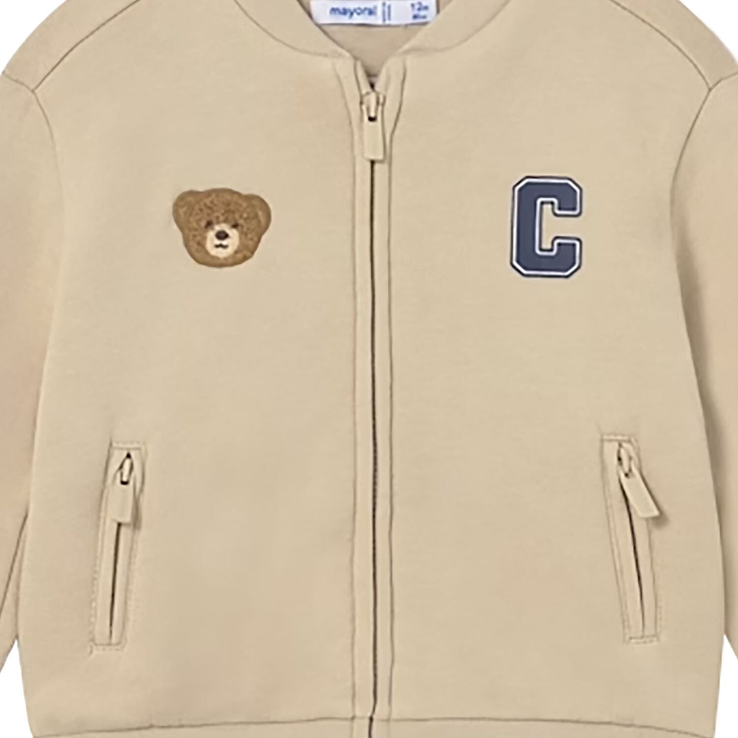 Younger Boys Beige Teddy Bear Zip Up Top, 2, hi-res