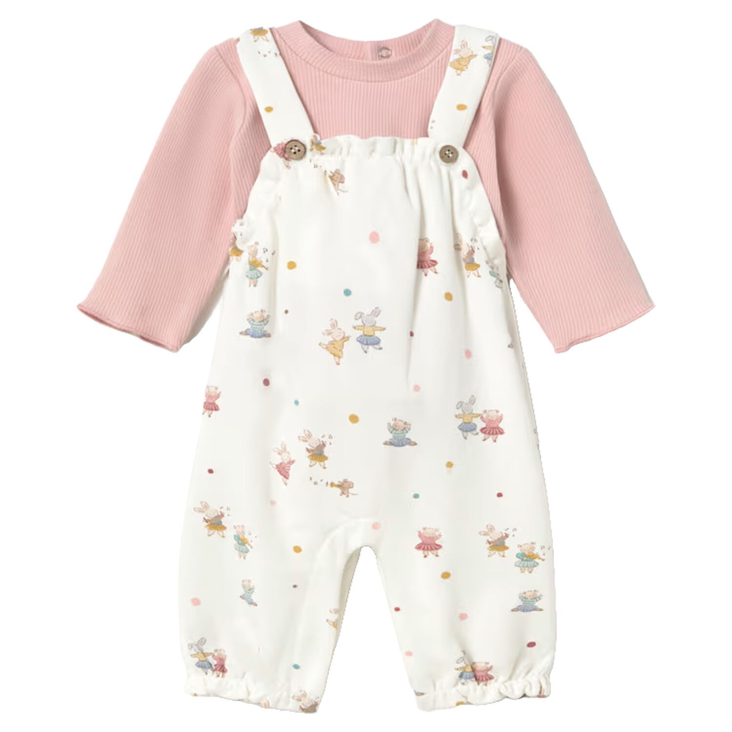 Baby Girls Pink & Ivory Dungaree Set, 1, hi-res