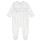 Baby Boys White & Blue Hand Smocked Babygrow, 1, hi-res