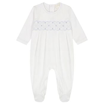 Baby Boys White & Blue Hand Smocked Babygrow