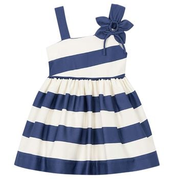 Girls Ivory & Navy Blue Striped Flower Dress