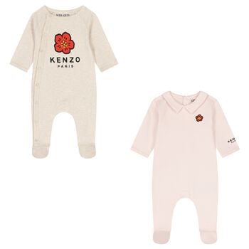 Baby Girls Beige & Pink Boke Flower Babygrows ( 2 Pack ) 