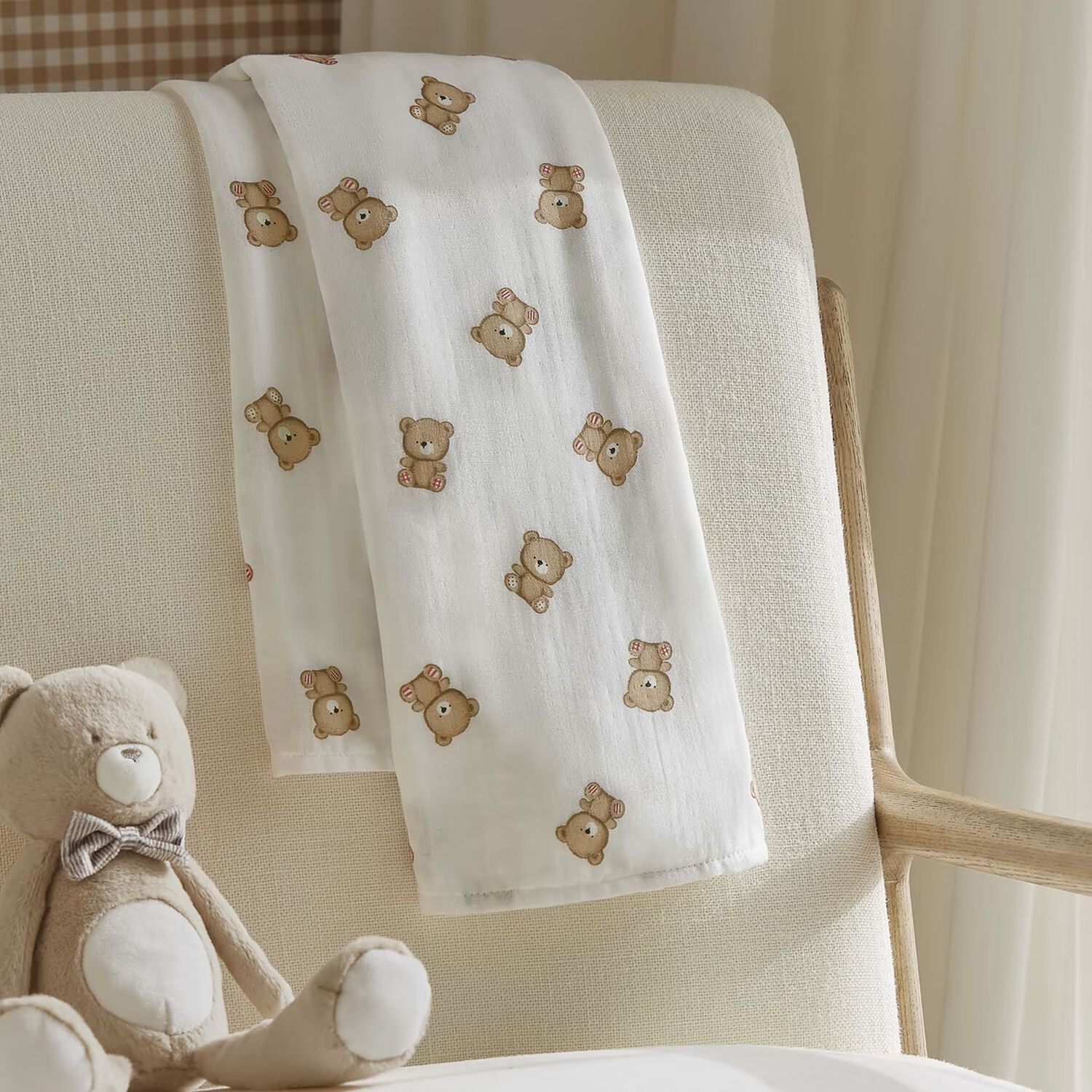 White Teddy Bear Print Baby Swaddle, 1, hi-res
