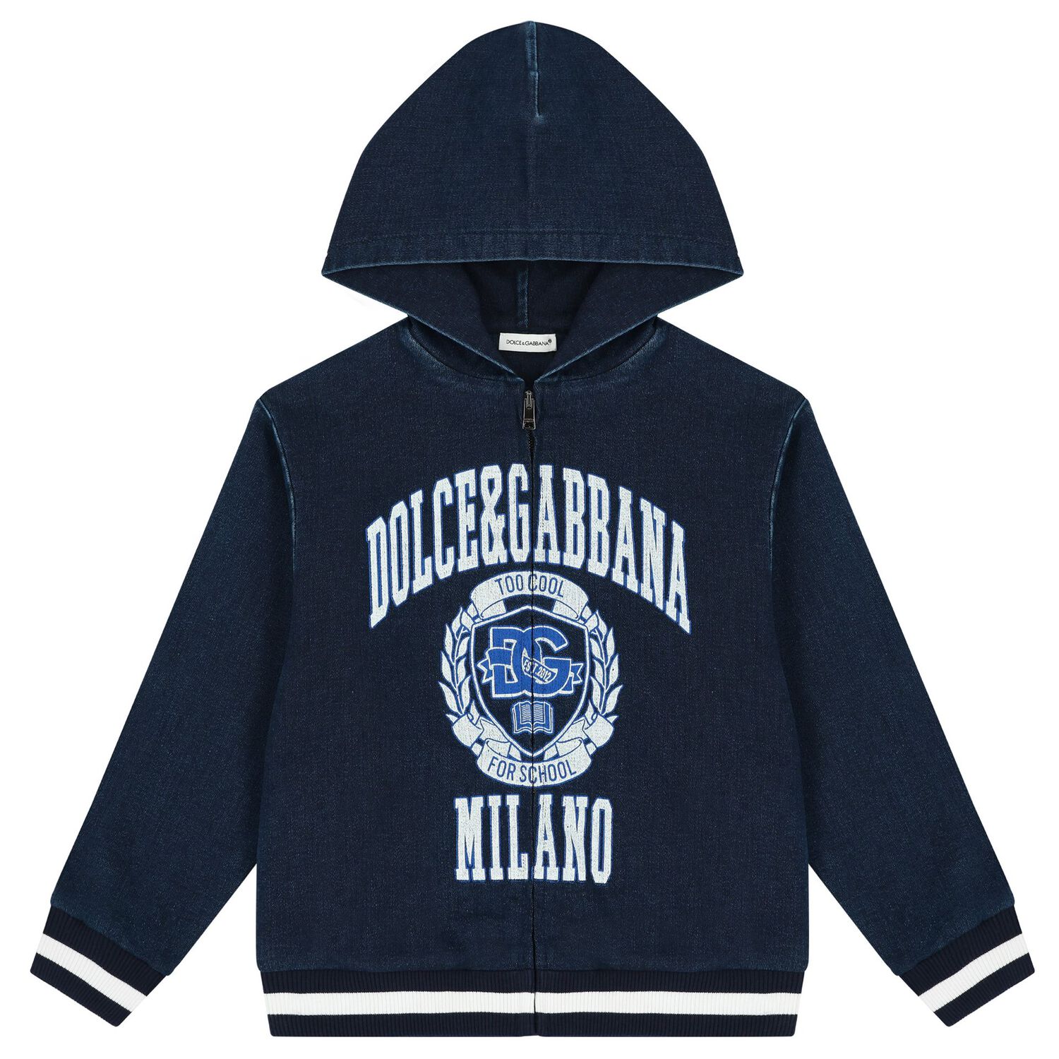 Boys Navy Blue Varsity Logo Hooded Zip Up Top, 1, hi-res