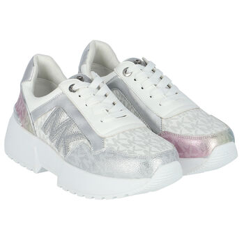 Girls White & Silver Logo Trainers