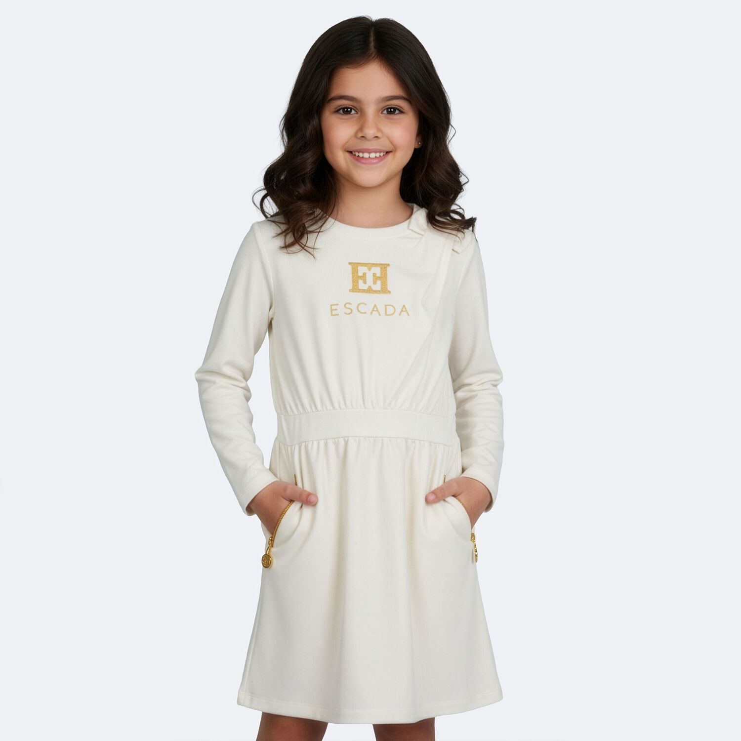 Girls Ivory & Gold Logo Dress, 1, hi-res