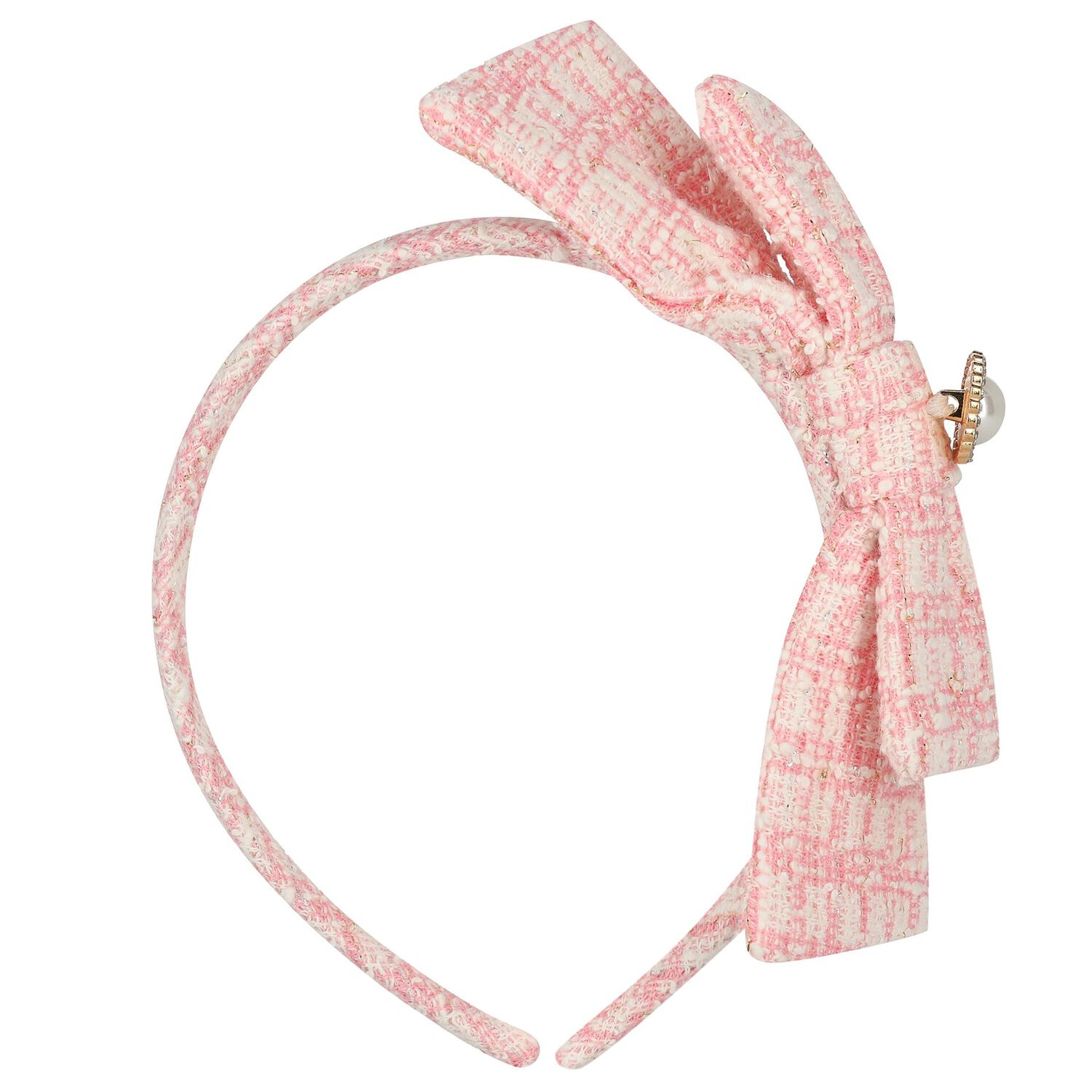 Girls Pink Tweed Bow Headband, 1, hi-res