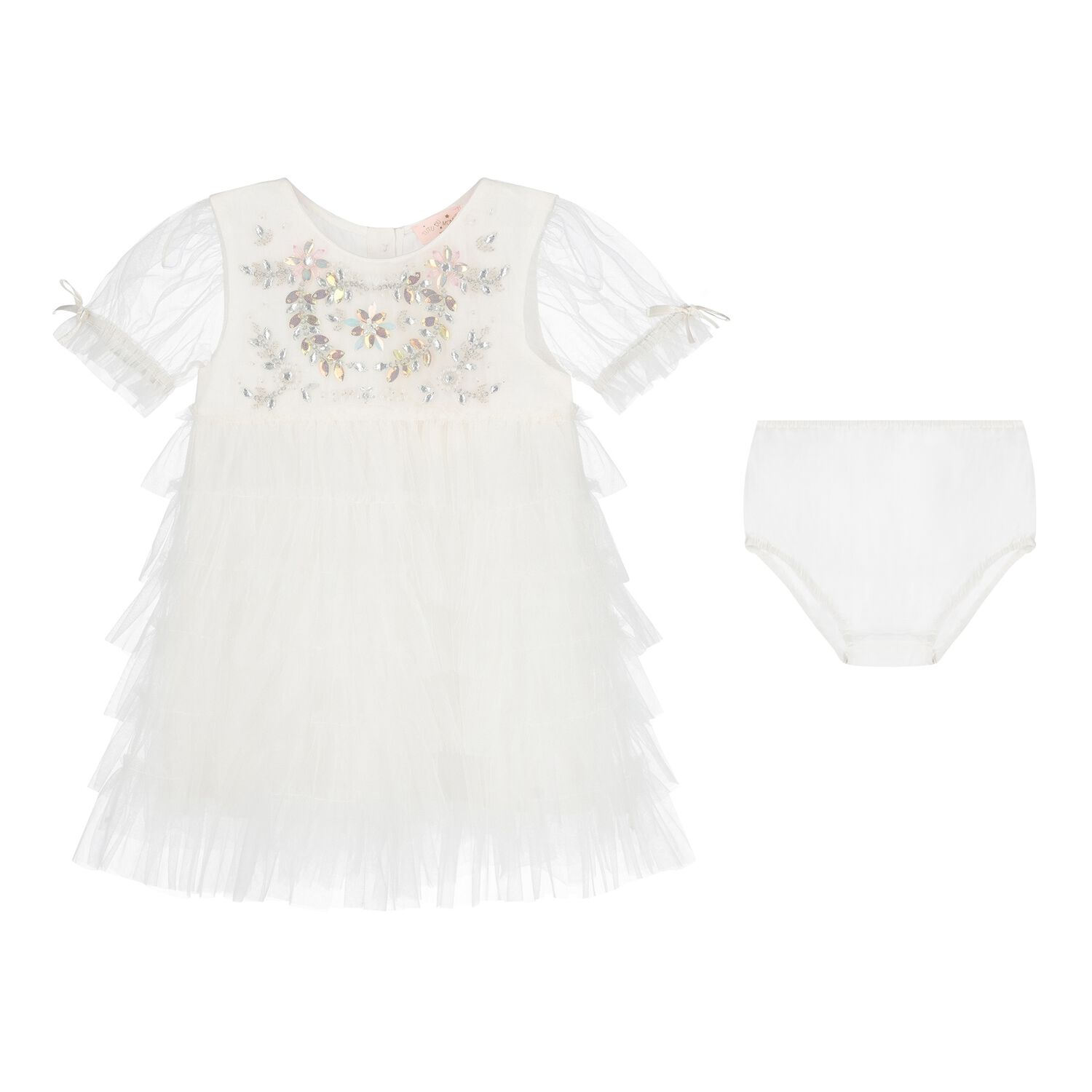 Baby Girls White Embellished Tulle Dress Set, 1, hi-res