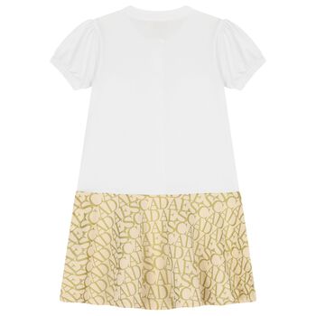 Girls White & Gold Logo Dress