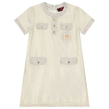 فستان للبنات باللون العاج والذهبي بشعار