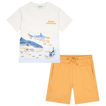 Boys White & Orange Shark Shorts Set