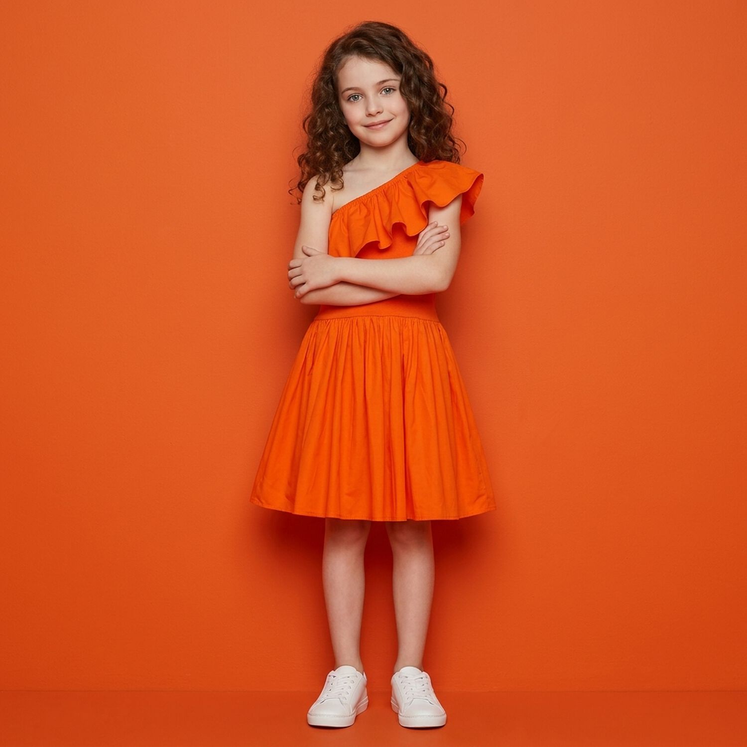 Girls Orange Ruffled Dress, 2, hi-res