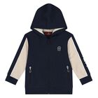 Younger Boys Navy Blue & Beige Logo Hooded Zip Up Top, 1, hi-res