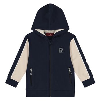 Younger Boys Navy Blue & Beige Logo Hooded Zip Up Top