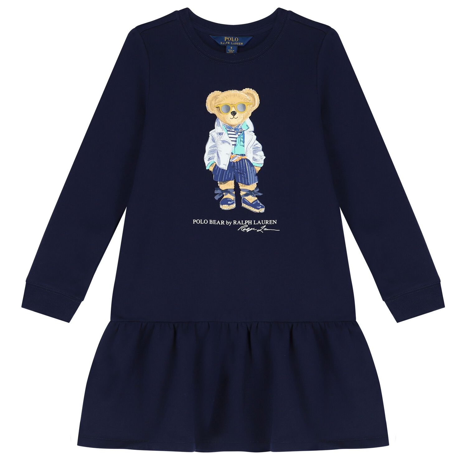 Girls Navy Blue Polo Bear Dress, 1, hi-res