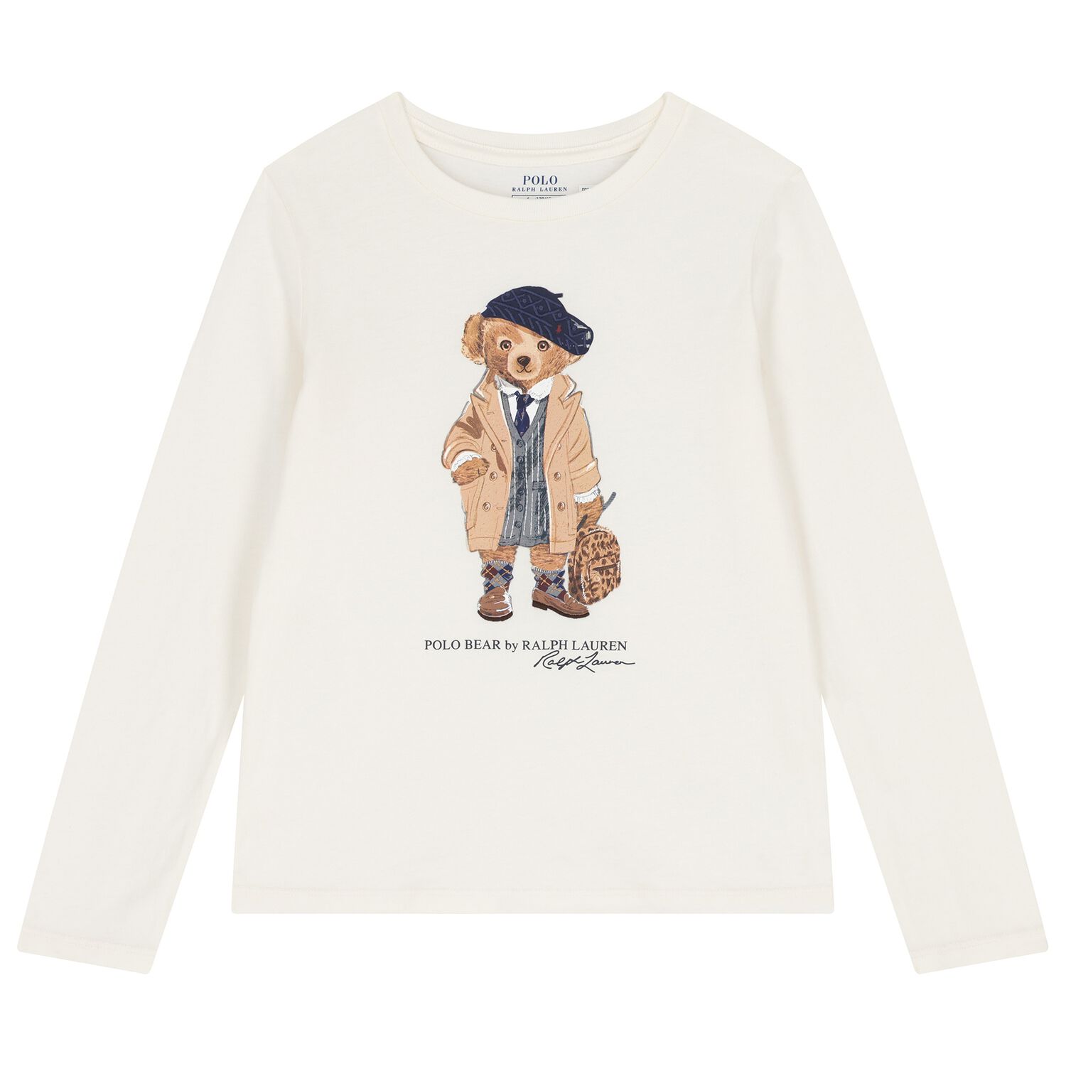 Girls White Polo Bear Long Sleeve Top, 1, hi-res