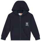 Boys Navy Blue Logo Hooded Zip Up Top, 1, hi-res