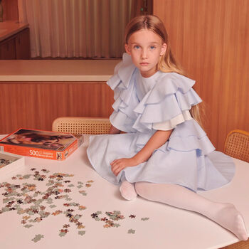 Girls Blue & White Ruffle Dress