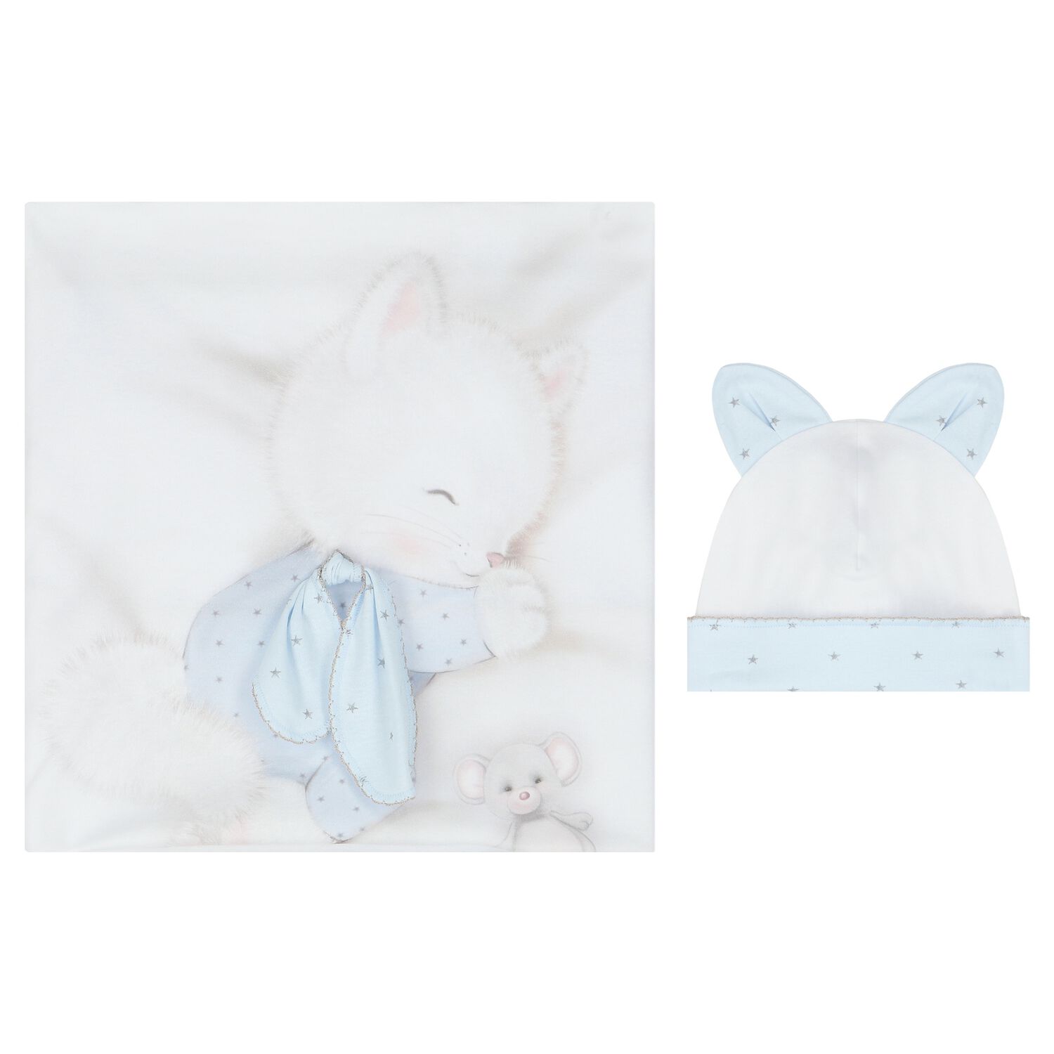 Baby Boys White & Blue Swaddle & Hat Set, 1, hi-res
