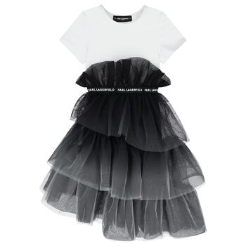 Girls White & Black Tulle T-Shirt Dress