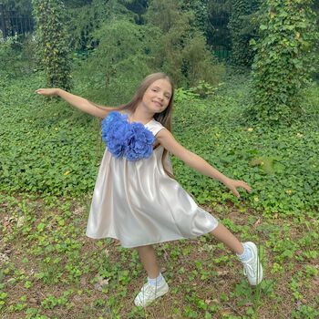 Girls Pink & Blue Flower Satin Dress