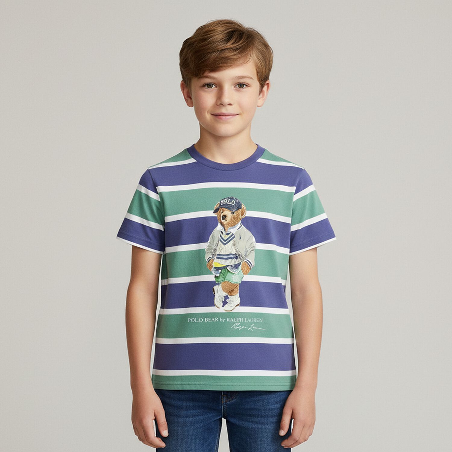 Boys Blue & Green Striped Bear Print T-Shirt, 1, hi-res