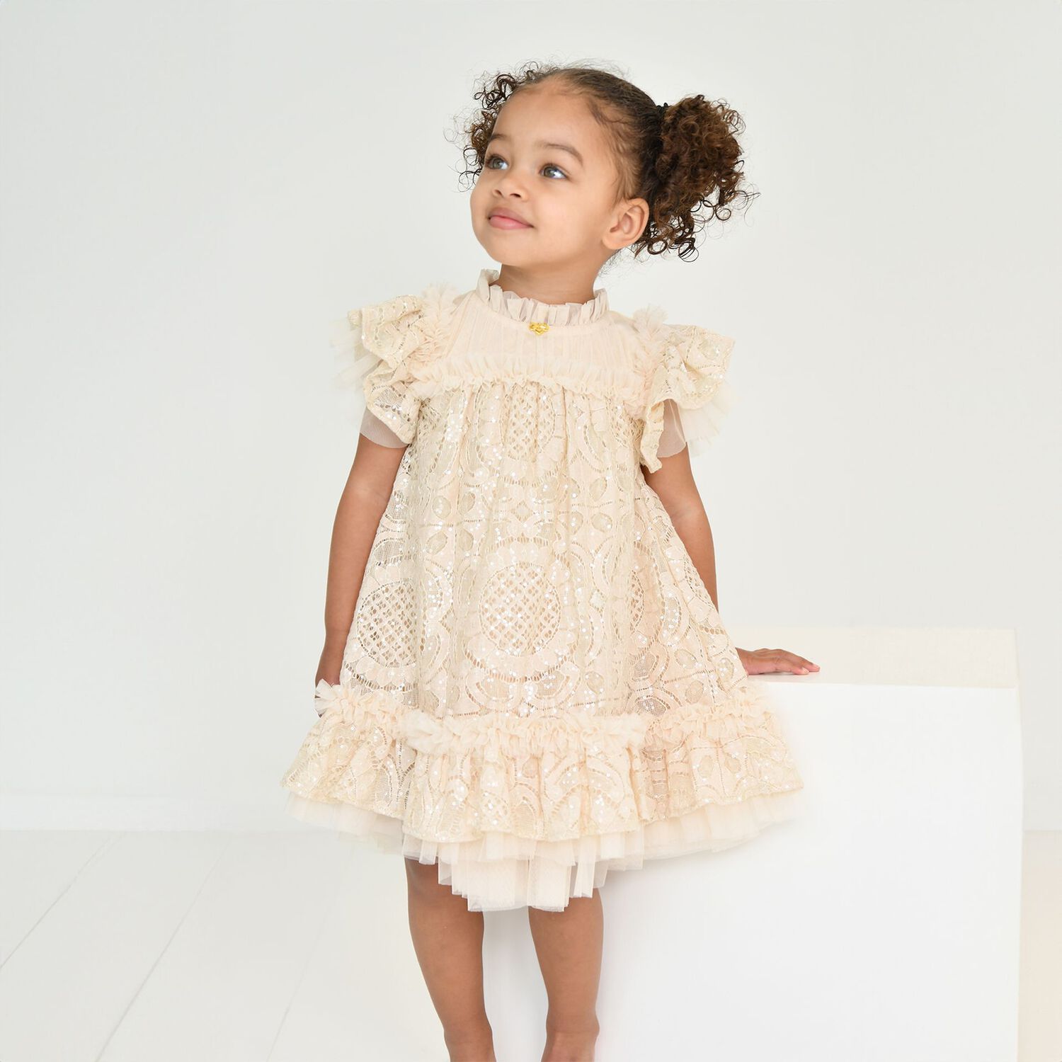 Baby Girls Beige Lace Sequin Gemma Dress, 1, hi-res